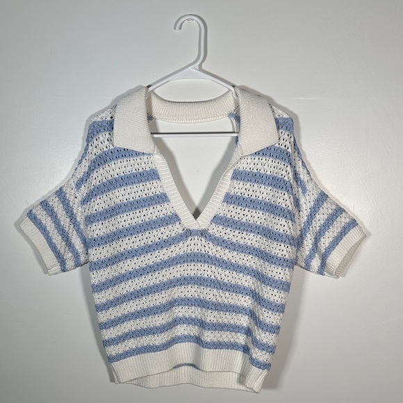 Anthropologie Maeve Striped Open Back Knit Sweater Blue White Top M Preppy Style - Picture 7 of 15